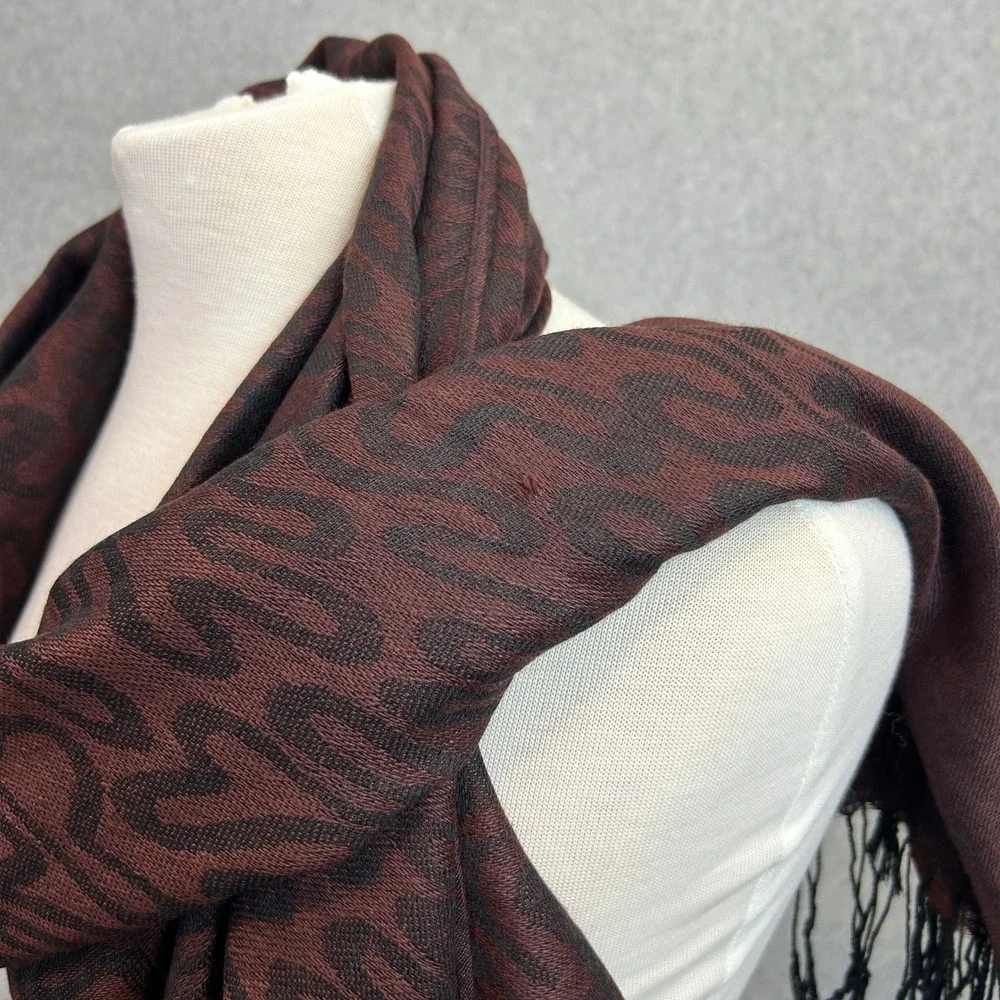 Wool Silk Blend Scarf Wrap Burgundy Black Abstract Doodle Squiggle Artsy Fringe